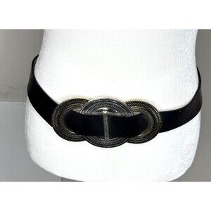 Chico's M/L Black Leather Medallion Art Wear Belt Silver Bronze Adjustable Boho